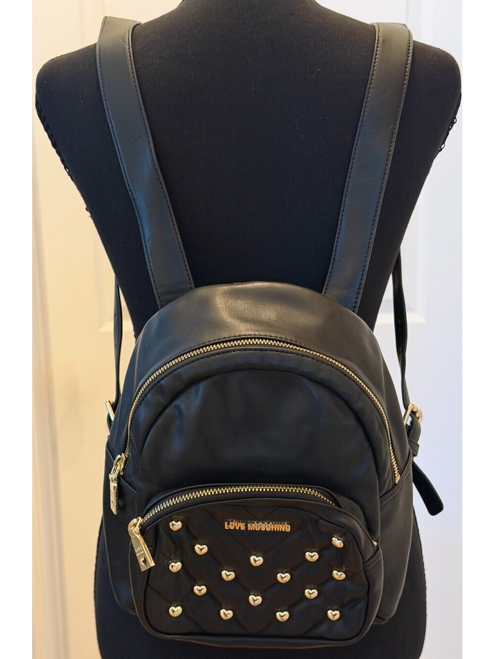 Love Moschino Black Mini Backpack Gold Heart Studs Quilted Faux Borsa Leather